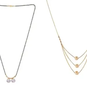 Gold Plated Traditional Black Bead Single Line American Diamond Pendant Mangalsutra for Women Combo Pack of 2MSCN-31-54-25 Combo.