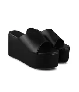 GLO GLAMP Womens High Wedge Beach Sandals Summer Thong Flip Flops Platform (Black, 3)
