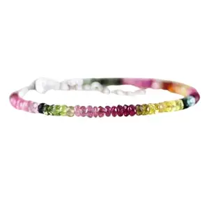 RRJEWELZ Watermelon Tourmaline Rondelle Beaded Bracelet – Faceted 3mm Multicolor Stones with Silver Lock – 7 Inch Adjustable link Bracelet for Men & Women|LCBR_RR_06625