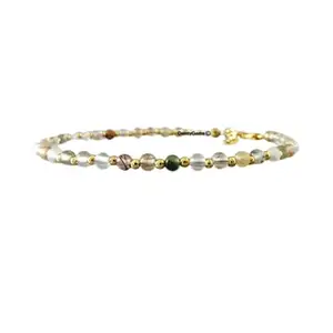 RRJEWELZ Rutilated Quartz Round Beaded Bracelet – Faceted 3mm Multicolor Stones with Gold Lock – 7 Inch Adjustable link Bracelet for Men & Women|LCBR_RR_06020