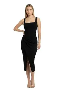 DESI RIWAAZ Women’s Slim Fit Solid Black Bodycon Square Neck Midi Dress, Sleeveless Stretch Fabric with Side Split for Cocktail, Dinner, Club & Evening Use