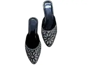 Women's Pointed-Toe Ethnic Mules with Floral Beadwork and Sequin Embellishments, Traditional Flat Sandals, Slip-Resistant Sole for Festivals