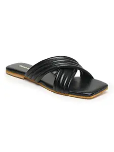 Bruno Manetti Women's Black Slipon Back Open Crose Strap Flat Sandal