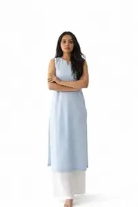 Arsmaniere Sleeveless A-line Kurta for Women, Light Blue Cotton Blend Printed Notch Neck, Calf Length, Size M