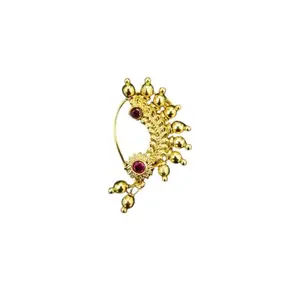 Traditional Maharashtrian Gold-Plated Ear Cuff, Ruby Stone Nath, Copper Base-Pearsing Required