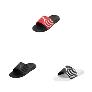 Puma unisex-adult Geo Slide Sandals in Black-Fiery Red-White, Black-Cool Dark Gray, and White-Black (Size 7 UK).
