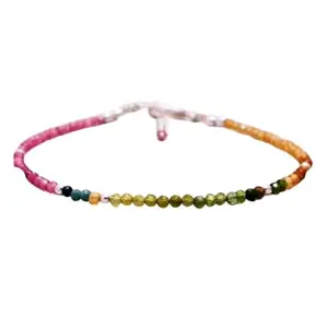 RRJEWELZ Watermelon Tourmaline Round Beaded Bracelet – Faceted 2-2.5mm Multicolor Stones with Silver Lock – 7 Inch Adjustable link Bracelet for Men & Women|LCBR_RR_06637