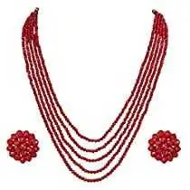 MAHEK PEARLS Semi Precious Gemstone Maroon Crystal Beads 5 Layer Necklace with Stud Earring Multi Strand Maroon Colour 16" Mala for Girl and Women Fashion Jewellery