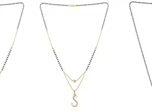 Gold Plated Traditional Black Bead Single Line American Diamond Pendant Jewellary set for Women(Combo) Pack of 3 MSCN-18-1-39-