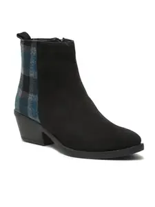 Bruno Manetti Women's Black Slipon Both Side Elastic With Side PU Belt Golden Buckle Ankle Pointed Toe Length Comfort Mid Top Heel Boots