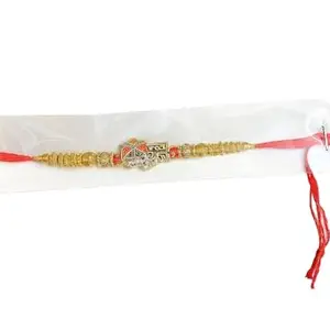 Traditional Gold-Plated Rakhi with Red Thread, Decorative Stone and Religious Design (Single Rakhi)