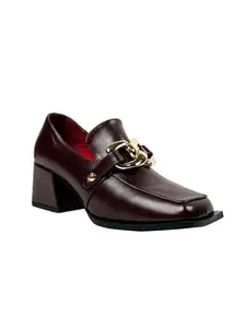 Theater Women Burgandy Chunky Block Heels | Leather Loafers | Square Toe & Gold Chain Detail | Stylish & Comfortable | Formal & Casual Wear