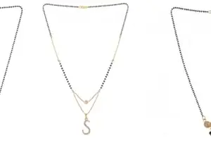 Gold Plated Traditional Black Bead Single Line American Diamond Pendant Jewellary set for Women(Combo) Pack of 3 MSCN-20-1-48- od