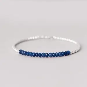 CHAVIZ Natural Blue Jade 3.5mm Rondelle Shape Faceted Cut Gemstone Beads 7 Inch Silver Plated Clasp Bracelet For Men, Women. Natural Gemstone Stacking Bracelet. | Lcbr_01593