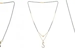 Gold Plated Traditional Black Bead Single Line American Diamond Pendant Jewellary set for Women(Combo) Pack of 3MCN-8-1-25-/