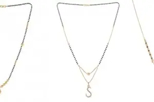 Gold Plated Traditional Black Bead Single Line American Diamond Pendant Jewellary set for Women(Combo) Pack of 3MCN-15-1-50-/