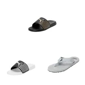 Puma Geo Black-Metallic Gold Slide Sandal - 9 UK (39453806) & Geo White-Black Slide Sandal - 9 UK (39453804) & Men's Oleum Reload Quarry-Black Slipper - 9 Kids UK (38532004).