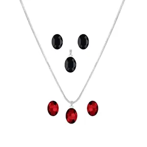 JFL - Jewellery for Less Stylish Silver Plated Oval Crystal Pendant with Silver Chain and Earrings (Red, Black)