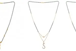 Gold Plated Traditional Black Bead Single Line American Diamond Pendant Jewellary set for Women(Combo) Pack of 3 MSCN-13-1-43-