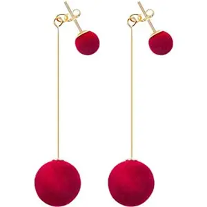 Stylish LOOX Stylish LOOX Fashion Plush Ball Dangle and Drop Earring Korea Velvet Round Long Tassel Earring for Women (Red)
