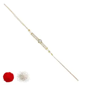 University Trendz Men's Golden Stone Kundan Thread Rakhi With Roli Chawal