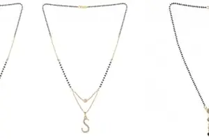 Gold Plated Traditional Black Bead Single Line American Diamond Pendant Jewellary set for Women(Combo) Pack of 3MCN-7-1-8-/