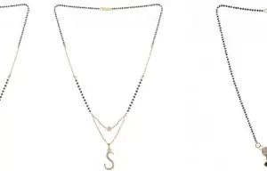 Gold Plated Traditional Black Bead Single Line American Diamond Pendant Jewellary set for Women(Combo) Pack of 3 MSCNC-54-1-47- New