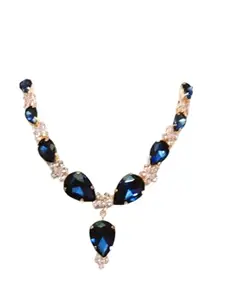 Elegant Sapphire Blue Crystal Necklace, Teardrop Design with Clear Rhinestones, Gold-Toned