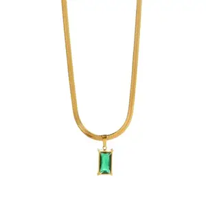 MARMORIS ECOM Anti Tarnish Green Emerald Pendant Gold Plated Stainless Steel Flat Snake Chain Necklace | Waterproof Hypoallergenic Chain Pendant for Women & Girls | Jewelry for Gift