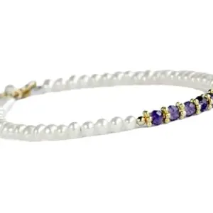 RRJEWELZ Natural Amethyst & Pearl 4mm Round Shape Mix Cut Gemstone Beads 7 Inch Adjustable Gold Plated Clasp Bracelet For Men, Women. Natural Gemstone Stacking Bracelet. | Lcbr_00443