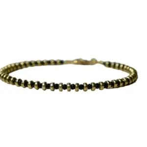 RRJEWELZ Natural Black Spinel 2mm Round Shape Faceted Cut Gemstone Beads 7 Inch Gold Plated Clasp Bracelet For Men, Women. Natural Gemstone Stacking Bracelet. | Lcbr_01212