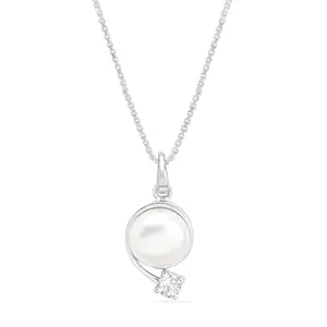 ZAVYA 925 Sterling Silver Gorgeous Rhodium Plated Chain with Pearl Pendant and Cubic Zirconia CZ Drop | Gift for Women & Girls | With Certificate of Authenticity and 925 Hallmark