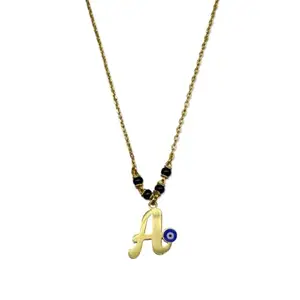 Digital Dress Room A Letter Pendant In Short Mangalsutra With Blue Evil Eye/Nazar Battu/Nazariya Name Designs