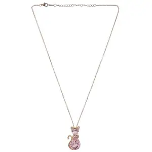 Vientiq Gold-Plated Light Pink Crystal Cat Pendant Necklace