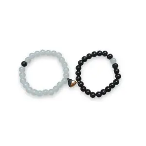 S S Global - Couple Matching Bracelets with Half Heart Charm | Black & White Beaded Love Bands for Long Distance, Friendship & Relationship Gifts – Unisex Jewelry