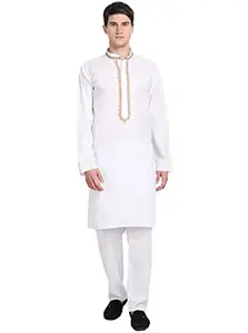 Amazon Brand - Anarva Men's Pure Cotton Thread Work Kurta Pajama Set Woven Design Festive Party Dress (KP077white_White_XL)