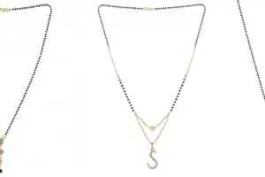 Gold Plated Traditional Black Bead Single Line American Diamond Pendant Jewellary set for Women(Combo) Pack of 3MCN-17-1-40-/