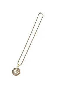 Gold-Plated Crystal Studded OM Pendant Necklace, Brass Chain, 52 cm