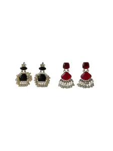 Gold Plated Kundan Style Drop Earrings for Women & Girls | Festive Pearl Drop Jewellery (Black & Red)