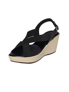 MONROW Triana Leather Wedge Heels for Women, Black, UK-7 | Fancy & Stylish Heel sandals, Casual, Comfortable Fashion Heel Sandal