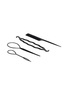 CHRONEX Pack of 4, Black Plastic DIY Styling Tools Pull Hair Clips For Women Hairpin Combhair Juda Bun Maker Hair Style Accessories for Women, Black