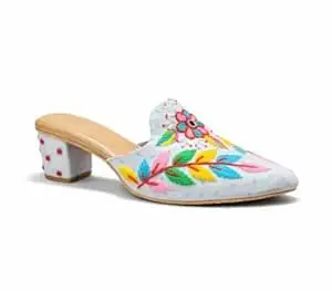 EZZIAUTO Women's Embroidered Mule Heels, Handmade Beaded Slip-On Sandals with Block Heel, Cushioned Insole, Non-Slip Sole for Wedding, Party