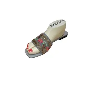 Women's Embroidered Floral Slide Sandals, Square Toe Design, (Grey, UK Footwear Size System, Adult, Women, Numeric, Medium, 4)