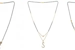 Gold Plated Traditional Black Bead Single Line American Diamond Pendant Jewellary set for Women(Combo) Pack of 3 MSCN-10-1-17- New