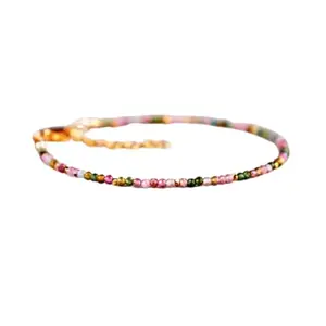 LKBEADS Gold Plated Bracelet with Multicolor Faceted Watermelon Tourmaline Beads – Round 2mm – 7 inch Adjustable – For Men & Women|LK_STACK_06641