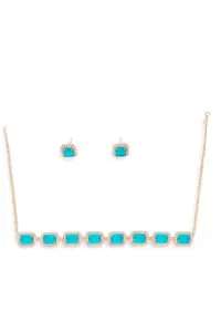 Crystal-Embellished Sky blue Stone Necklace and Earring Set, Rose Gold tone, Square Cut (Sky blue)