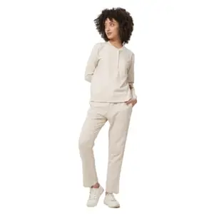 Saltpetre Women Organic Cotton Solid Cream Buttoned T-shirt with Ribbed Joggers Co-Ords Set (Cream, L)