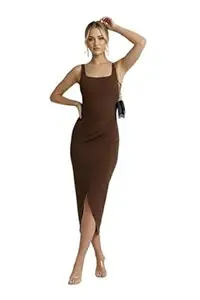 DESI RIWAAZ Women’s Slim Fit Solid Black Bodycon Square Neck Midi Dress, Sleeveless Stretch Fabric with Side Split for Cocktail, Dinner, Club & Evening Use