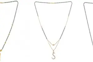 Gold Plated Traditional Black Bead Single Line American Diamond Pendant Jewellary set for Women(Combo) Pack of 3MCN-14-1-19-/