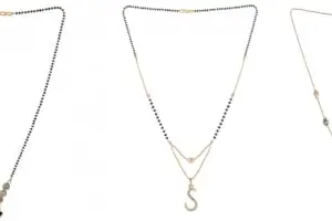 Gold Plated Traditional Black Bead Single Line American Diamond Pendant Jewellary set for Women(Combo) Pack of 3MCN-3-1-36-/